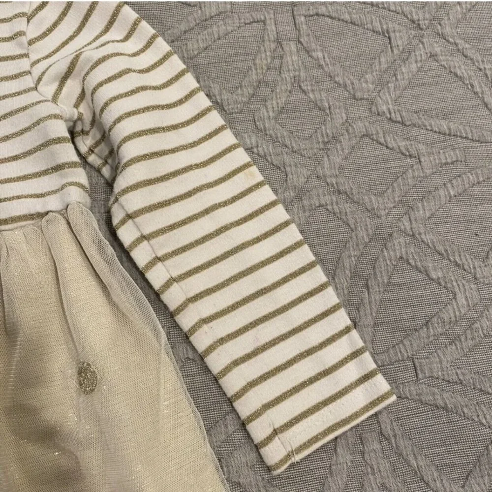 Mini Boden 2-3Y Glittery Gold Polkadots & Stripes Tulle Dress